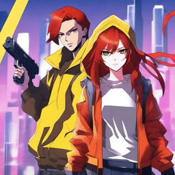 Create an anime-style poster featuring a man with red hair and a woman in a yellow hoodie, set in a shooter game environment