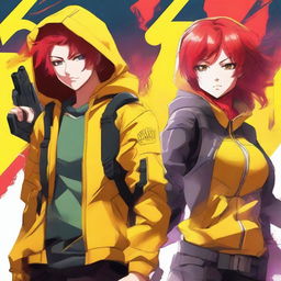 Create an anime-style poster featuring a man with red hair and a woman in a yellow hoodie, set in a shooter game environment