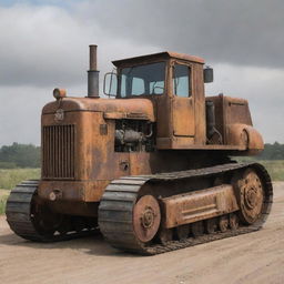 A bulldozer recreated in a dieselpunk motif featuring gritty industrial elements, rusted metal exterior, and a muscular, streamlined design ideal for the harsh realities of a diesel-powered dystopia.