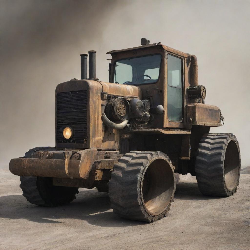 A bulldozer refashioned in a gaspunk style, equipped with gas-mask-like exhaust filters, atmospheric smoky color scheme, and adorned with rugged metallic elements.