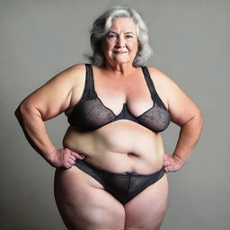 A realistic depiction of a 60-year-old overweight woman wearing lingerie