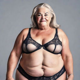 A realistic depiction of a 60-year-old overweight woman wearing lingerie