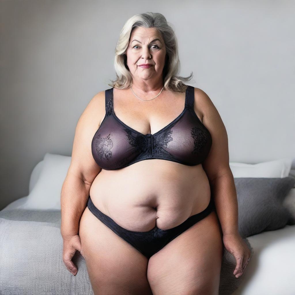 A realistic depiction of a 60-year-old overweight woman wearing lingerie