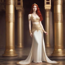 A full-body image of a red-haired, fair-skinned goddess dressed in a white and gold outfit