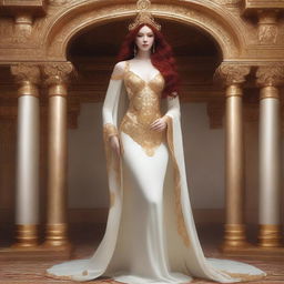 A full-body image of a red-haired, fair-skinned goddess dressed in a white and gold outfit