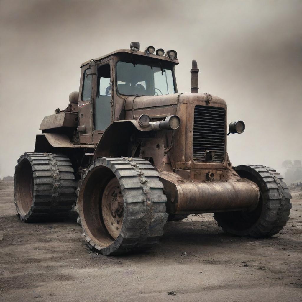 A bulldozer refashioned in a gaspunk style, equipped with gas-mask-like exhaust filters, atmospheric smoky color scheme, and adorned with rugged metallic elements.