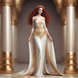 A full-body image of a red-haired, fair-skinned goddess dressed in a white and gold outfit