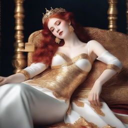 A full-body image of a red-haired, fair-skinned goddess laying down