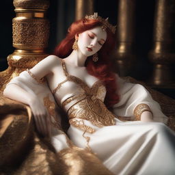 A full-body image of a red-haired, fair-skinned goddess laying down