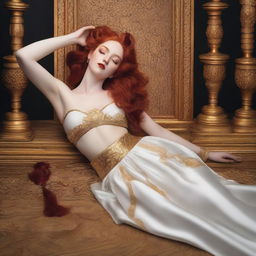 A full-body image of a red-haired, fair-skinned goddess laying down