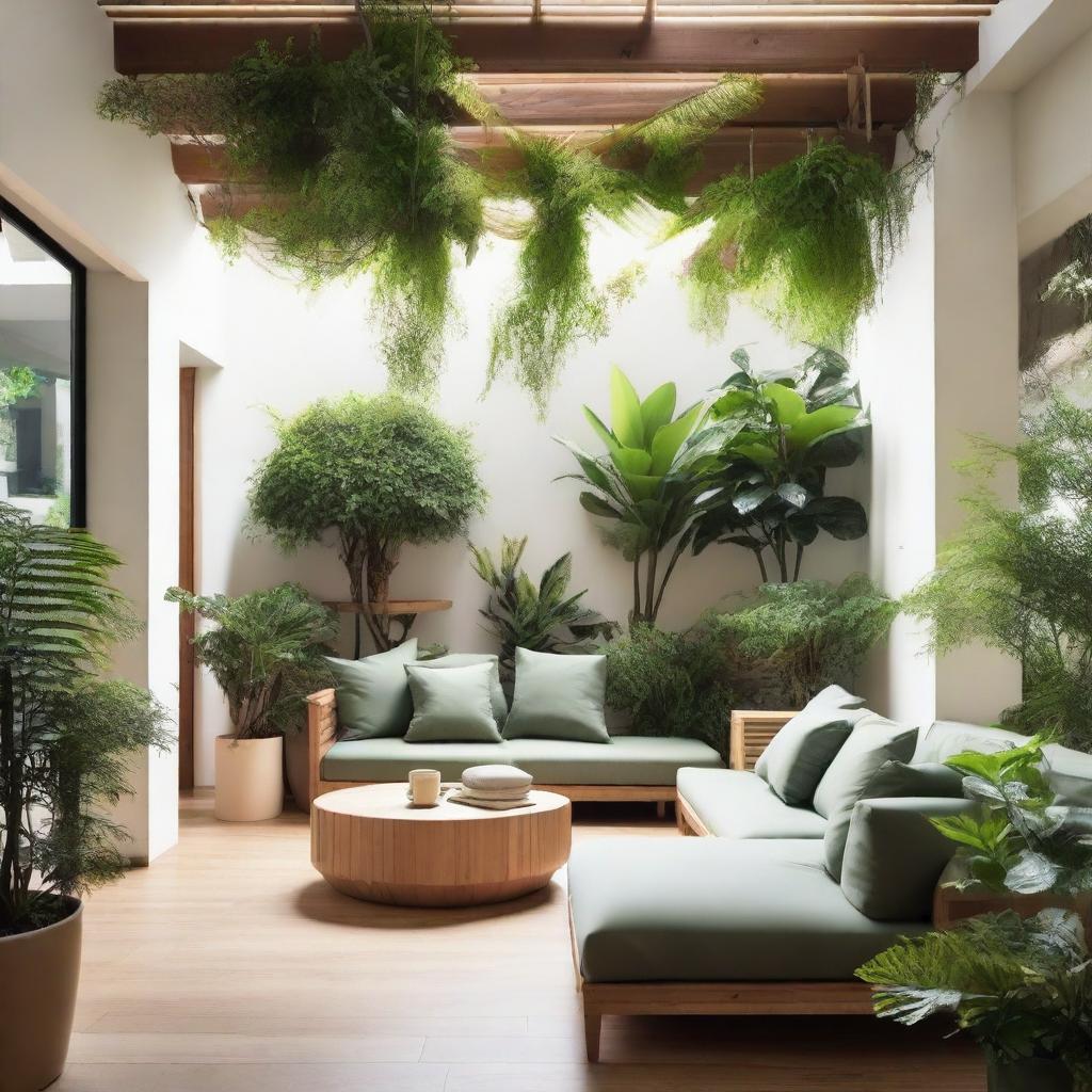 A beautiful and serene interior patio filled with lush green plants, comfortable seating, and natural light streaming in from above