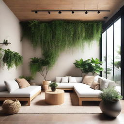 A beautiful and serene interior patio filled with lush green plants, comfortable seating, and natural light streaming in from above