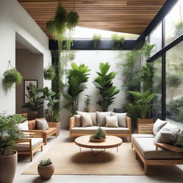 A beautiful and serene interior patio filled with lush green plants, comfortable seating, and natural light streaming in from above