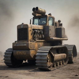 A bulldozer refashioned in a gaspunk style, equipped with gas-mask-like exhaust filters, atmospheric smoky color scheme, and adorned with rugged metallic elements.