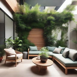 A beautiful and serene interior patio filled with lush green plants, comfortable seating, and natural light streaming in from above