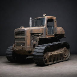 A bulldozer refashioned in a gaspunk style, equipped with gas-mask-like exhaust filters, atmospheric smoky color scheme, and adorned with rugged metallic elements.