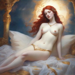 A full-body image of a red-haired, fair-skinned mythological goddess in a white bikini with gold trim, laying down in a relaxed pose