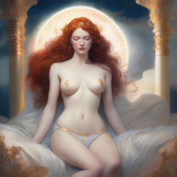 A full-body image of a red-haired, fair-skinned mythological goddess in a white bikini with gold trim, laying down in a relaxed pose