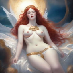 A full-body image of a red-haired, fair-skinned mythological goddess in a white bikini with gold trim, laying down in a relaxed pose