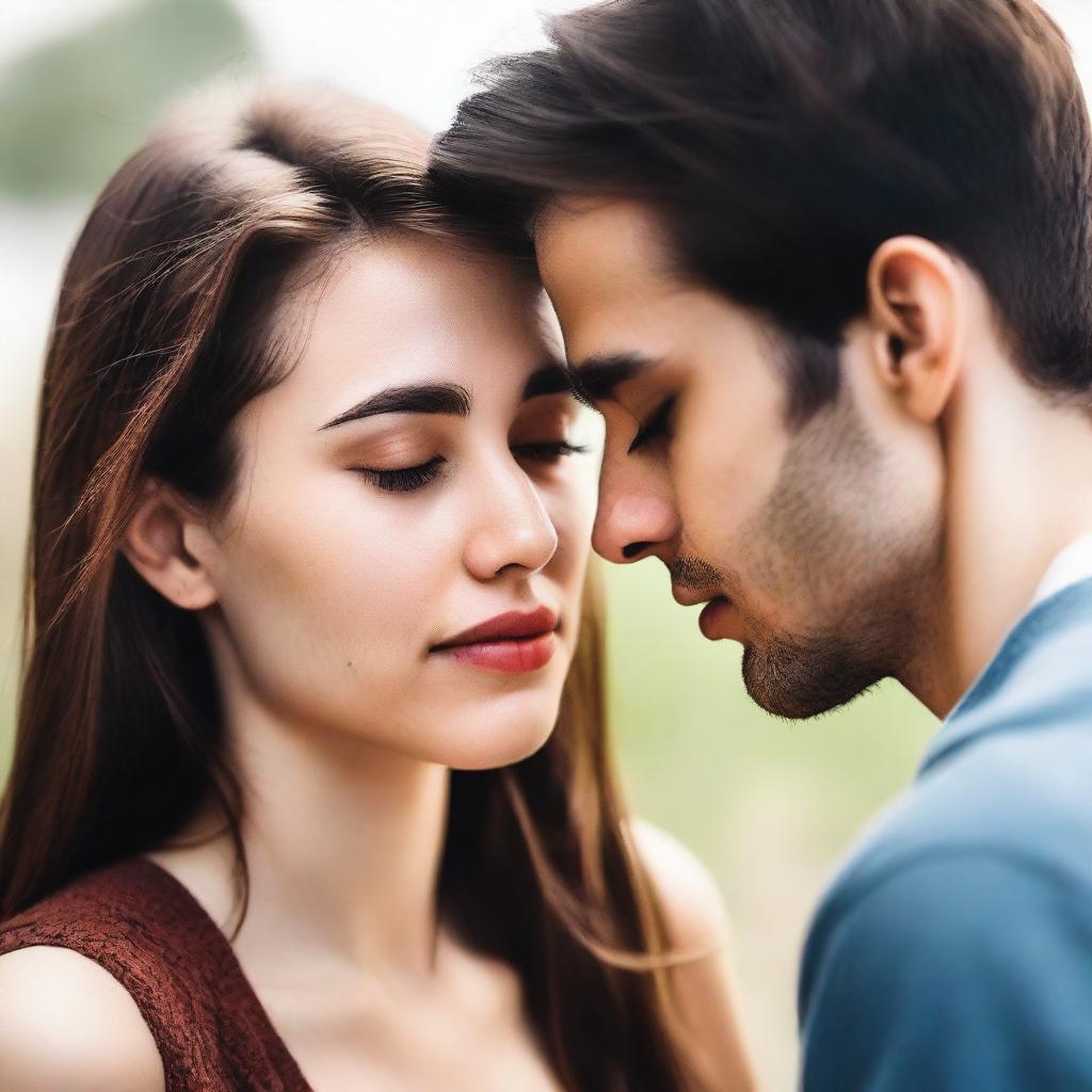 A young woman with brown hair pressing her forehead against a young man with dark brown hair