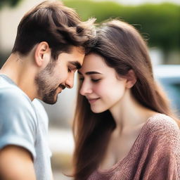 A young woman with brown hair pressing her forehead against a young man with dark brown hair