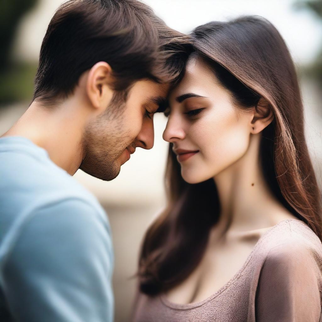 A young woman with brown hair pressing her forehead against a young man with dark brown hair