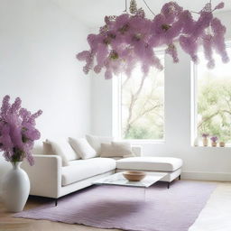 A white couch in a white room with a glass coffee table in front of it