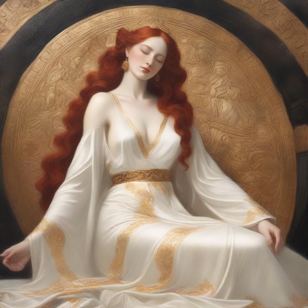 A full-body image of a red-haired, fair-skinned goddess