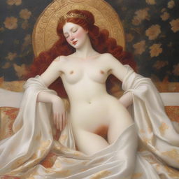 A full-body image of a red-haired, fair-skinned goddess