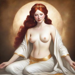 A full-body image of a red-haired, fair-skinned goddess