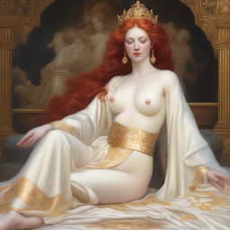 A full-body image of a red-haired, fair-skinned goddess