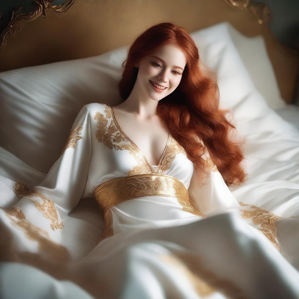 A full-body image of a red-haired, fair-skinned goddess in a white and gold low-cut robe with sides slit to the hips, lying in bed and smiling