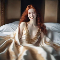 A full-body image of a red-haired, fair-skinned goddess in a white and gold low-cut robe with sides slit to the hips, lying in bed and smiling