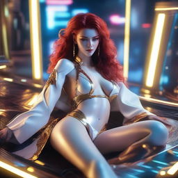 A full-body image of a red-haired, fair-skinned cyberpunk goddess in a white and gold low-cut robe with sides slit to the hips, lying down and smiling