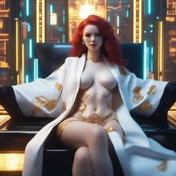 A full-body image of a red-haired, fair-skinned cyberpunk goddess in a white and gold low-cut robe with sides slit to the hips, lying down and smiling