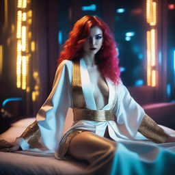 A full-body image of a red-haired, fair-skinned cyberpunk goddess in a white and gold low-cut robe with sides slit to the hips, lying in bed and winking