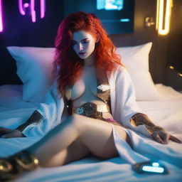 A full-body image of a red-haired, fair-skinned cyberpunk goddess in a white and gold low-cut robe with sides slit to the hips, lying in bed and winking