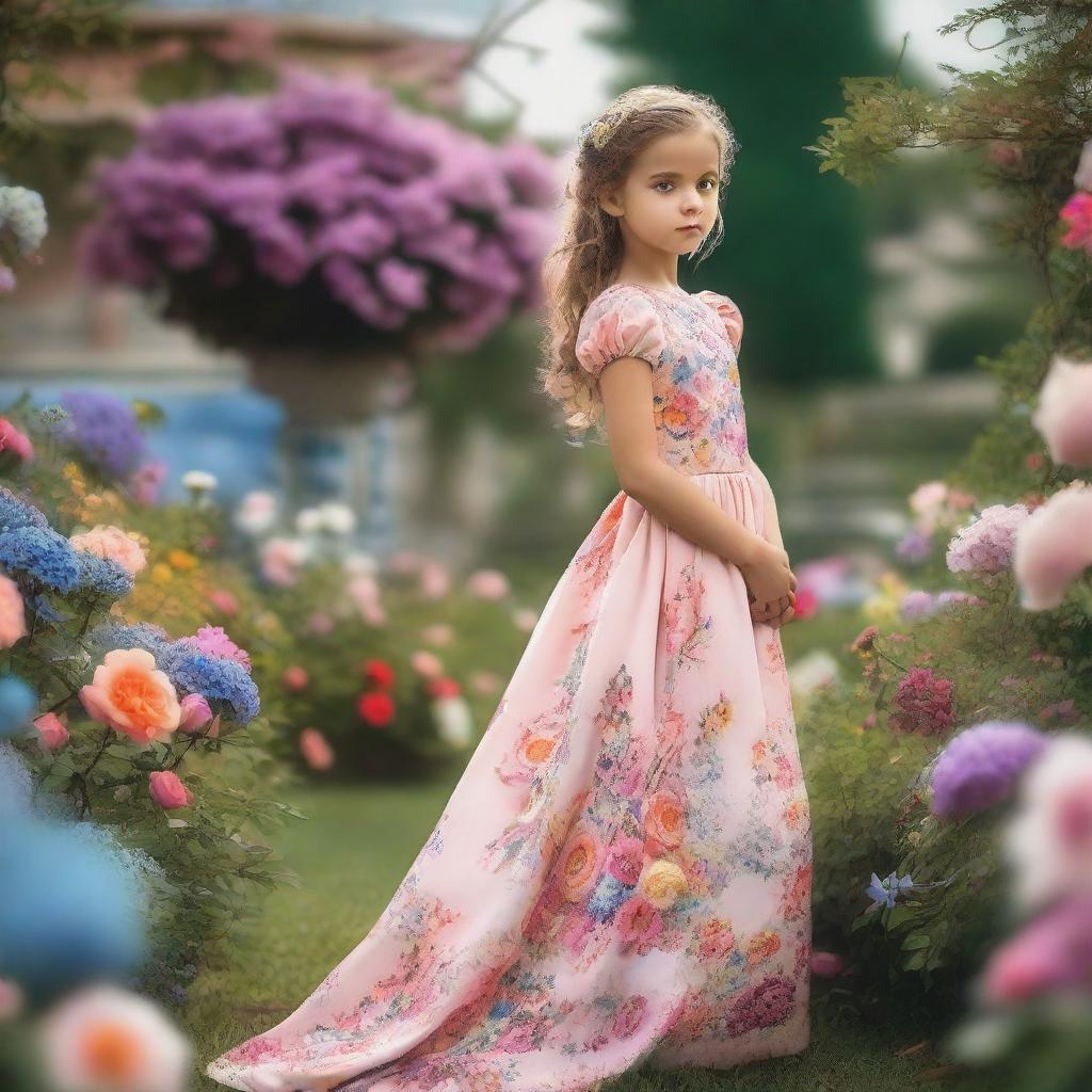 A young girl wearing a beautiful dress, standing in a picturesque garden with flowers blooming all around