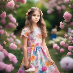 A young girl wearing a beautiful dress, standing in a picturesque garden with flowers blooming all around