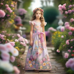 A young girl wearing a beautiful dress, standing in a picturesque garden with flowers blooming all around