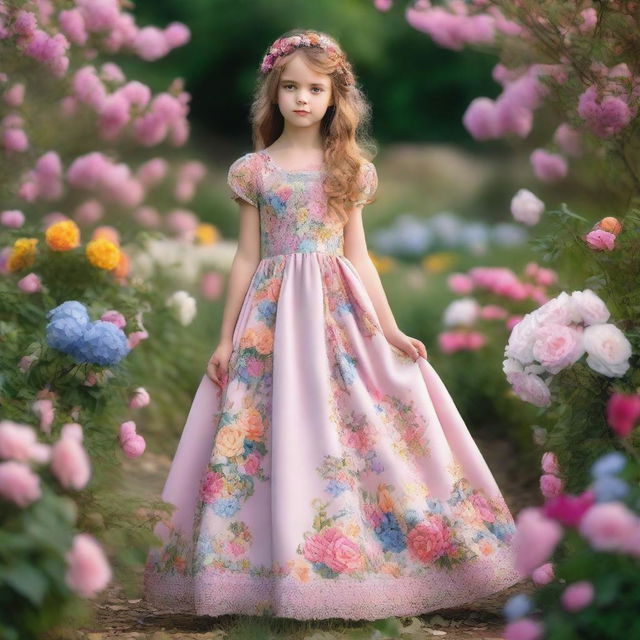 A young girl wearing a beautiful dress, standing in a picturesque garden with flowers blooming all around