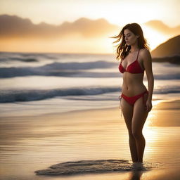 A brunette woman standing on a beach, viewed from the front