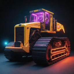 A bulldozer modified in an electropunk style, glowing with neon elements, electric powered motor, and radiant energy bursting from every seam of its metal body.