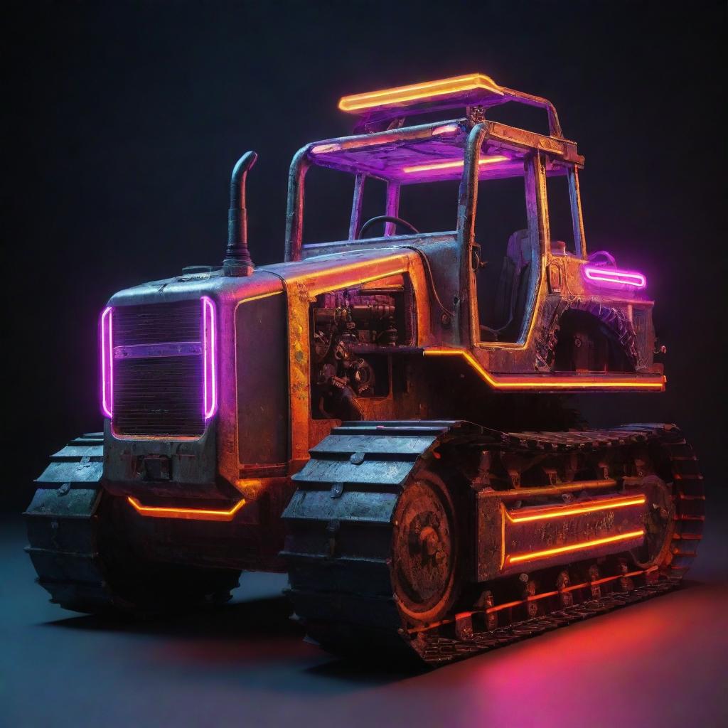 A bulldozer modified in an electropunk style, glowing with neon elements, electric powered motor, and radiant energy bursting from every seam of its metal body.