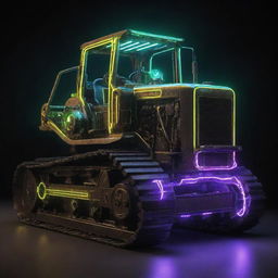 A bulldozer modified in an electropunk style, glowing with neon elements, electric powered motor, and radiant energy bursting from every seam of its metal body.