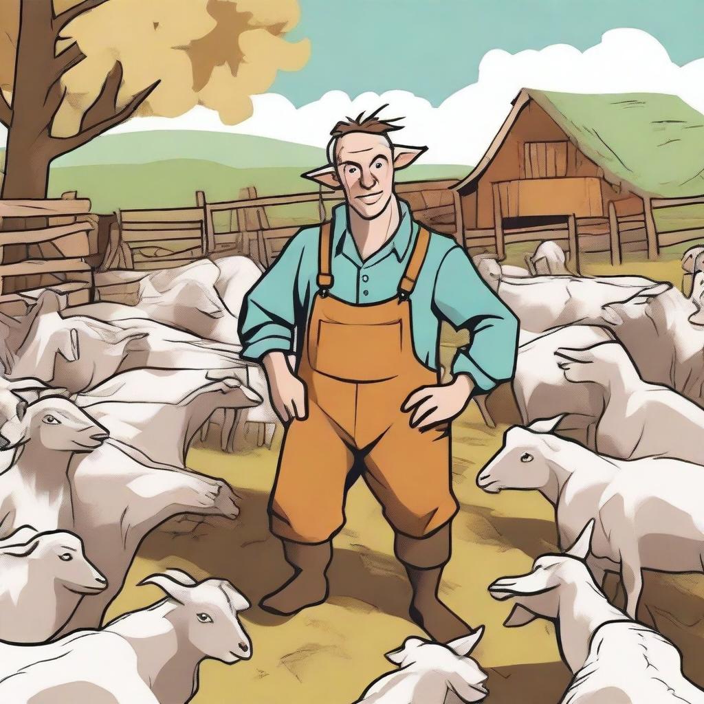 An image of a chaotic goat farmer, surrounded by a herd of goats causing mischief and mayhem