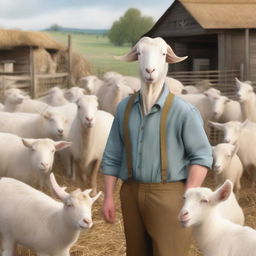 An image of a chaotic goat farmer, surrounded by a herd of goats causing mischief and mayhem