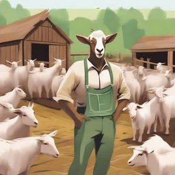 An image of a chaotic goat farmer, surrounded by a herd of goats causing mischief and mayhem