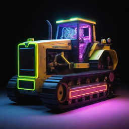 A bulldozer modified in an electropunk style, glowing with neon elements, electric powered motor, and radiant energy bursting from every seam of its metal body.