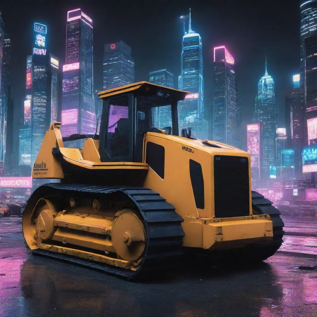 A bulldozer rendered in a cyberpunk aesthetic, featuring neon-lit details, high-tech functionalities, digital interfaces, and scanning devices amidst an urban cityscape backdrop.